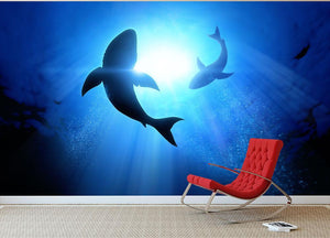 Circle two great white sharks Wall Mural Wallpaper - Canvas Art Rocks - 3