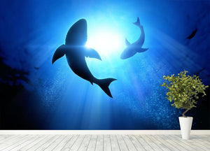 Circle two great white sharks Wall Mural Wallpaper - Canvas Art Rocks - 4