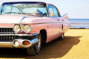 Classic pink car at beach Wall Mural Wallpaper - Canvas Art Rocks - 1