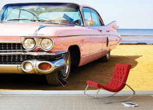 Classic pink car at beach Wall Mural Wallpaper - Canvas Art Rocks - 2
