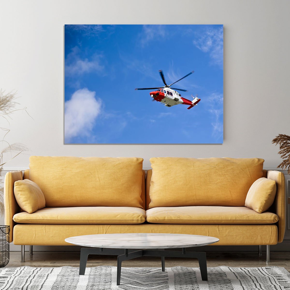 Coastguard helicopter in the blue sky Canvas Print or Poster