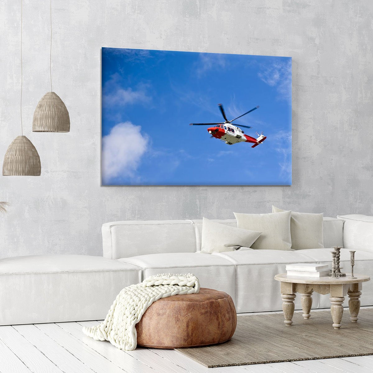 Coastguard helicopter in the blue sky Canvas Print or Poster