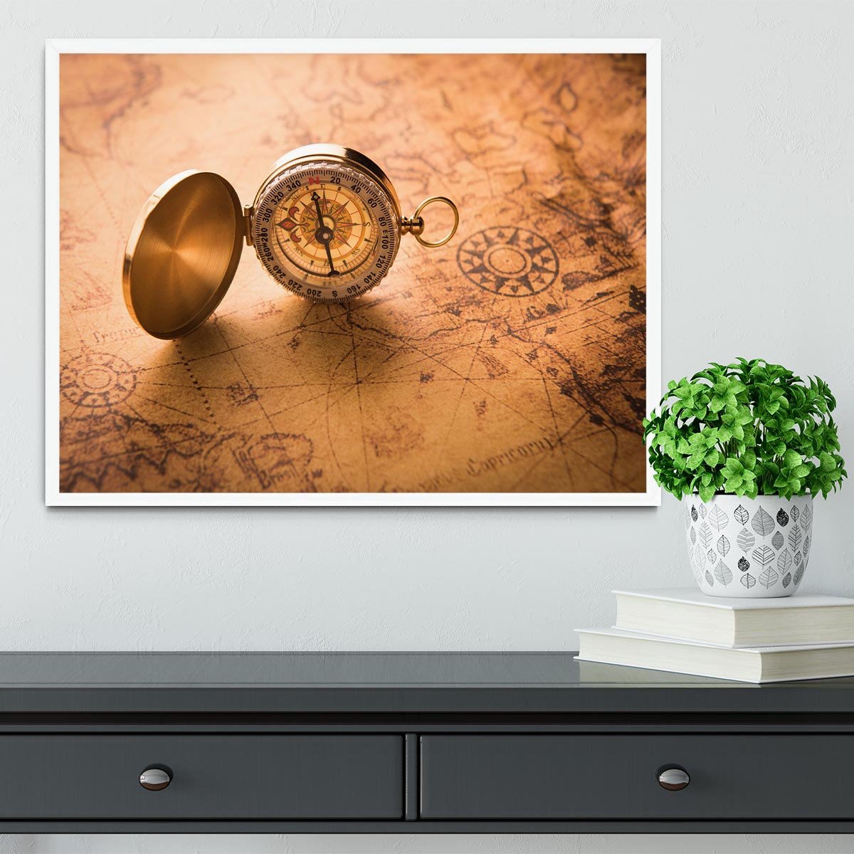 Compass on old map vintage style Framed Print - Canvas Art Rocks -6