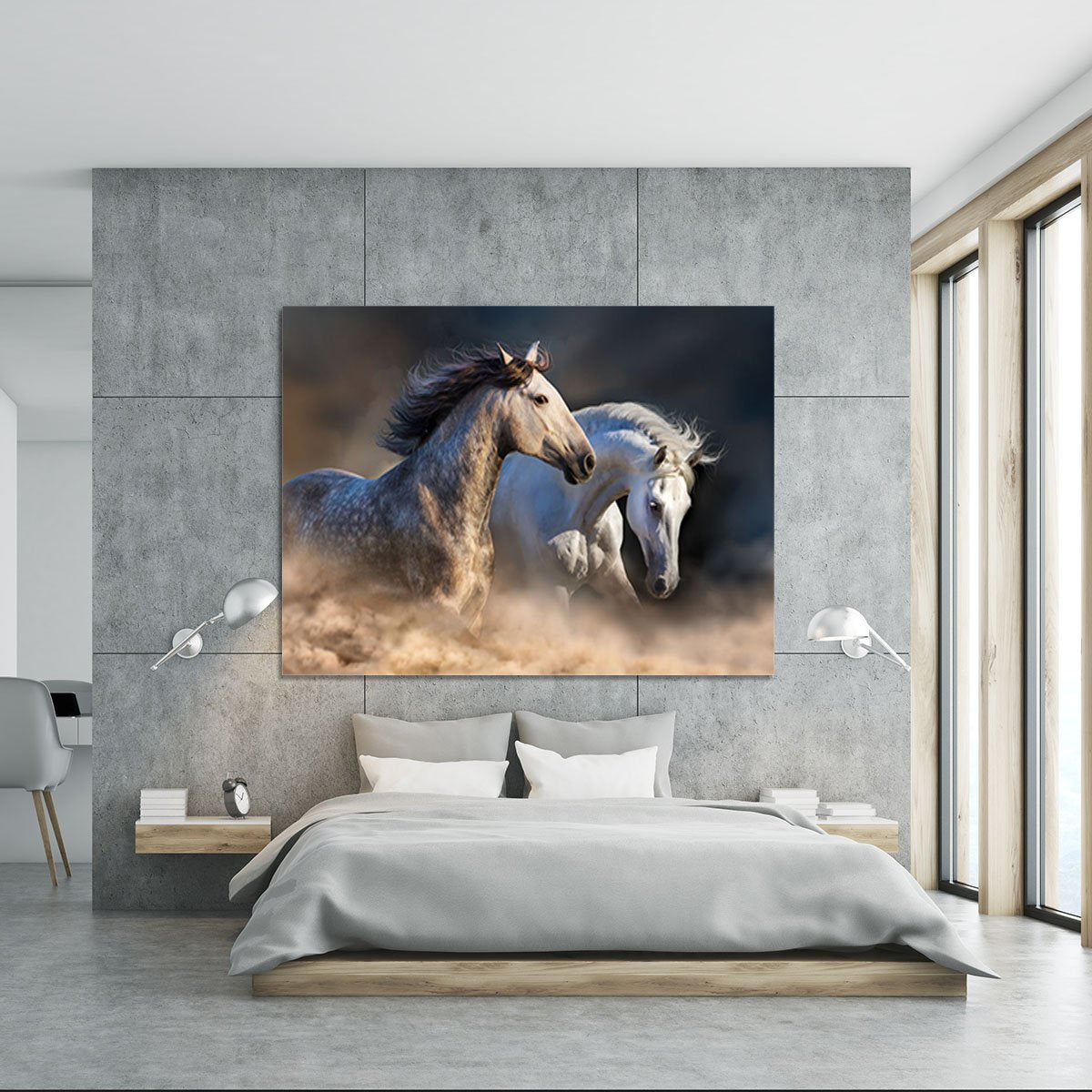 Couple of horse run in dust at sunset light Canvas Print or Poster