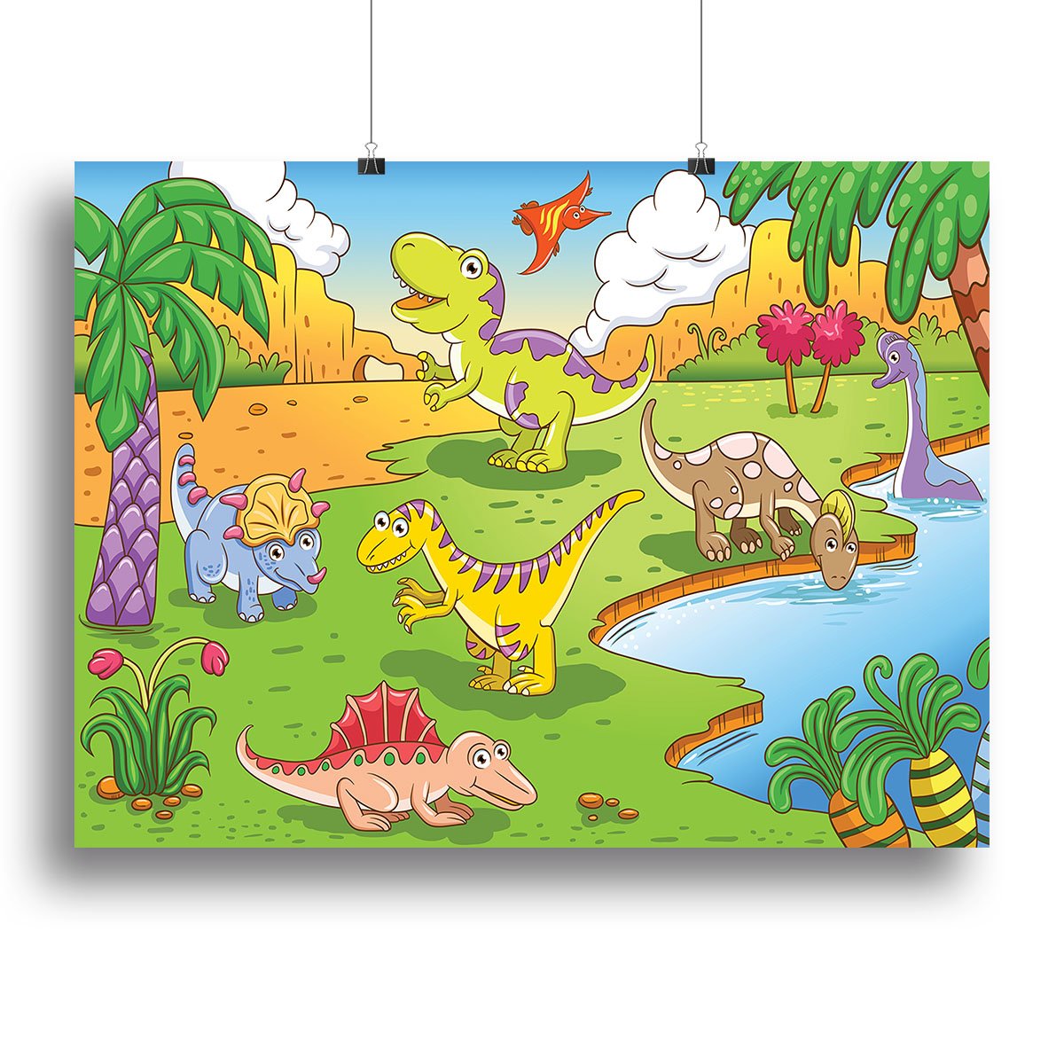Cute dinosaurs in prehistoric scene Canvas Print or Poster