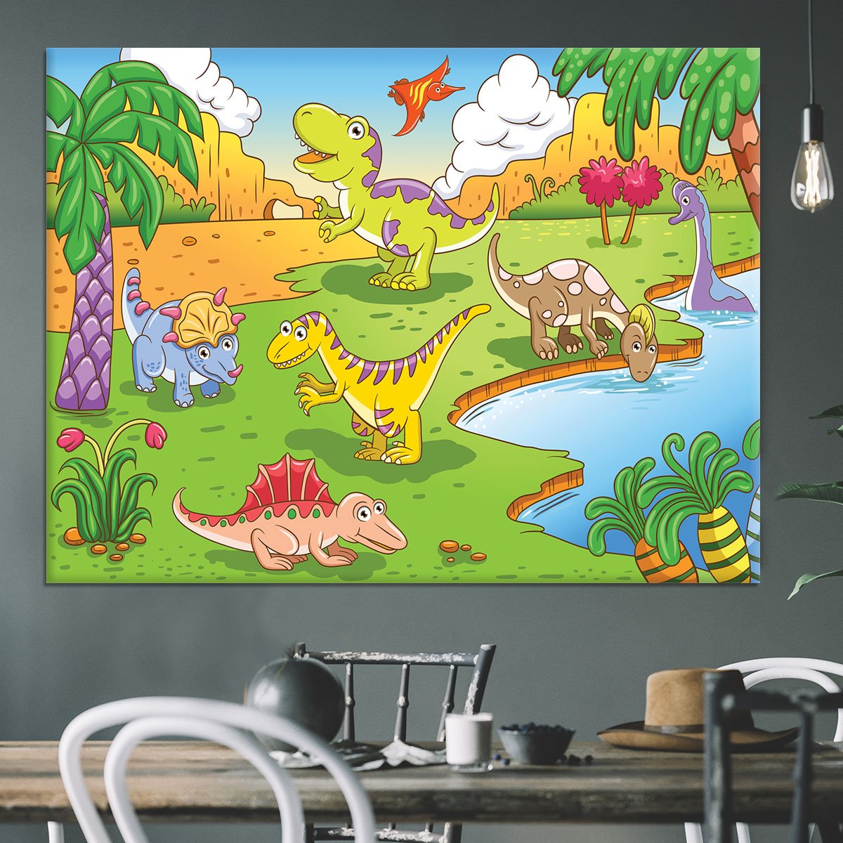 Cute dinosaurs in prehistoric scene Canvas Print or Poster