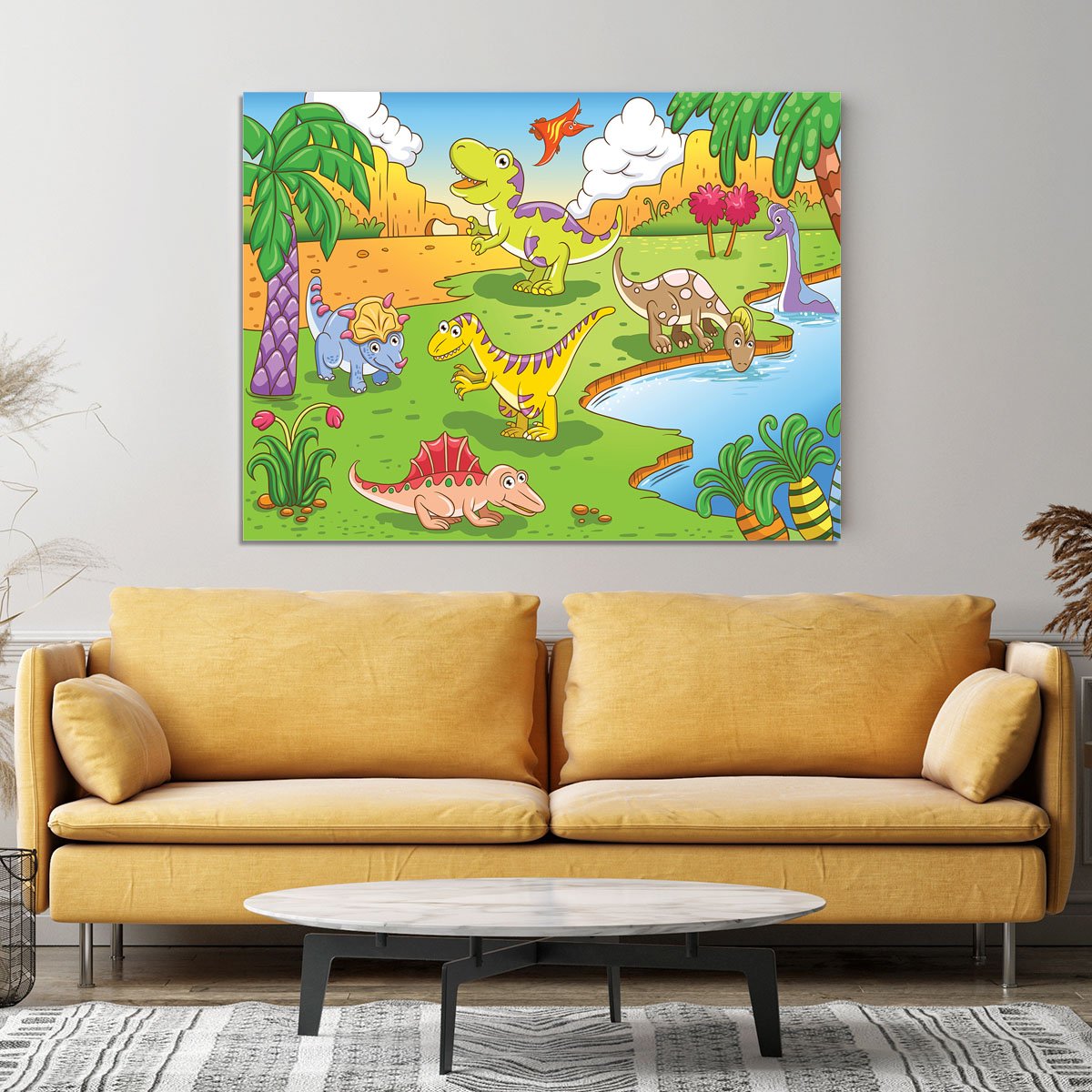 Cute dinosaurs in prehistoric scene Canvas Print or Poster