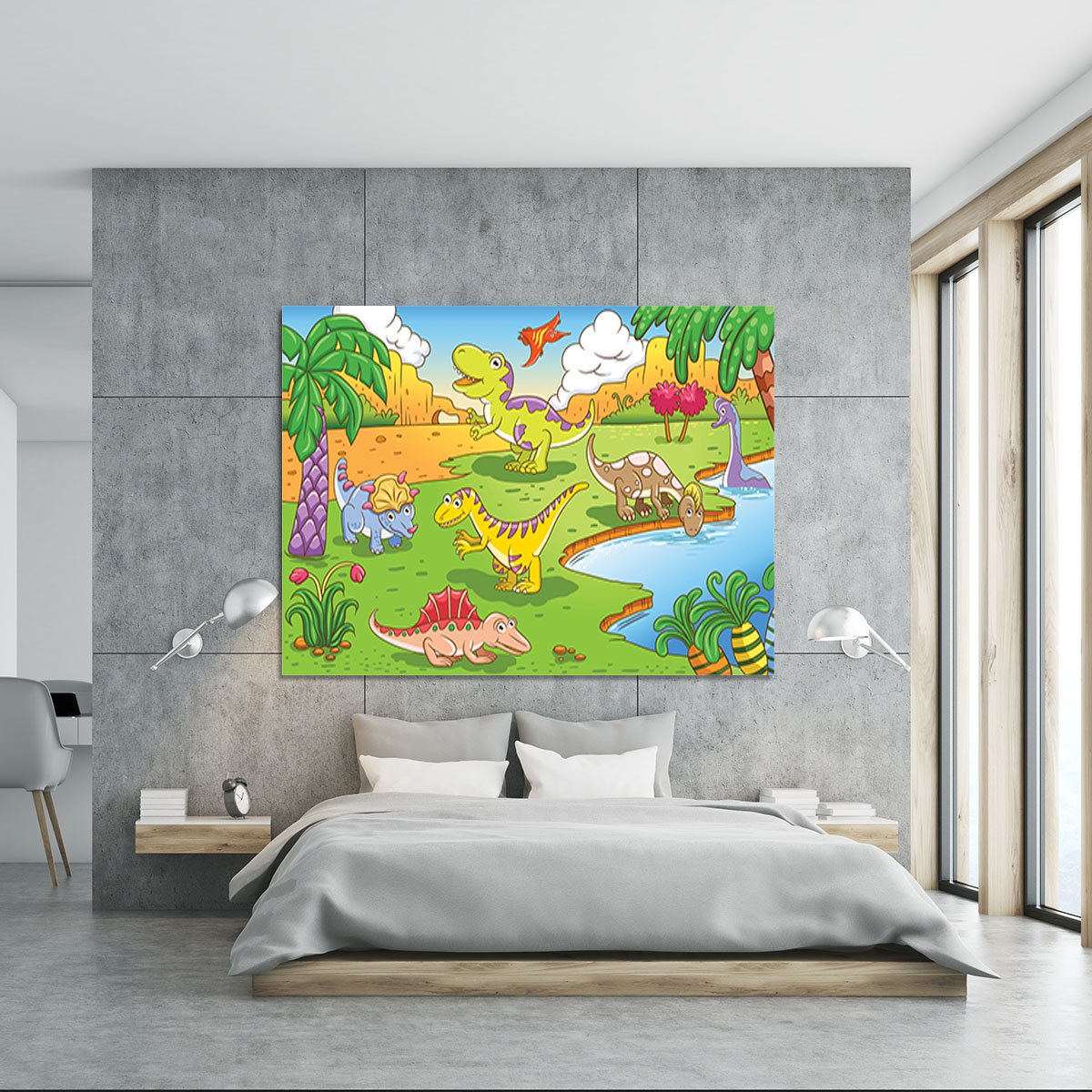 Cute dinosaurs in prehistoric scene Canvas Print or Poster