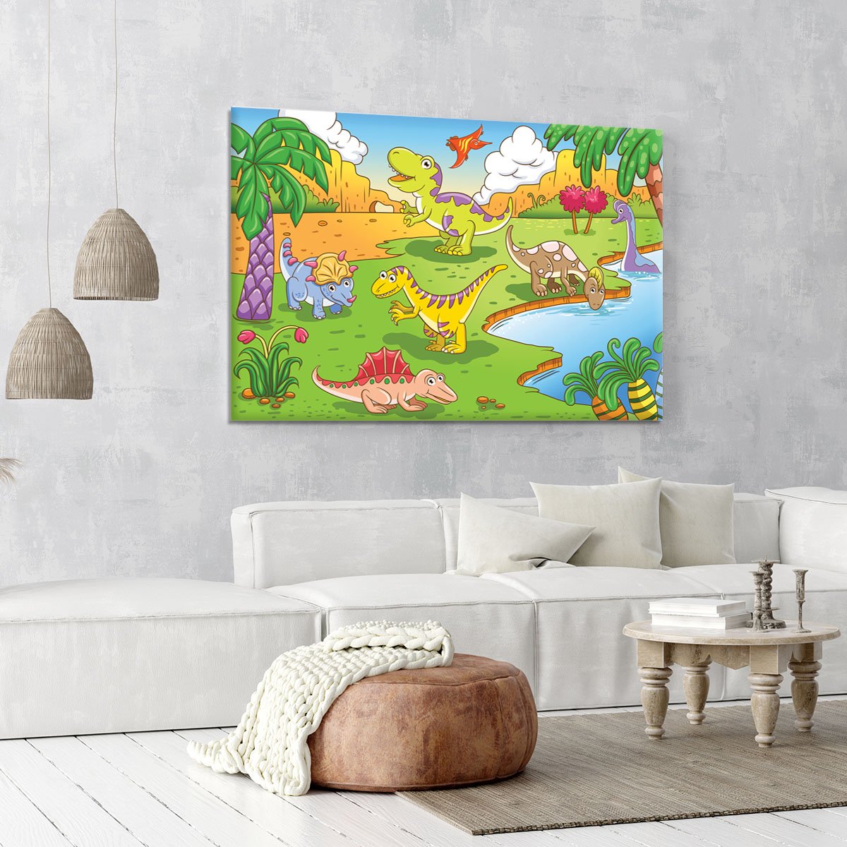 Cute dinosaurs in prehistoric scene Canvas Print or Poster