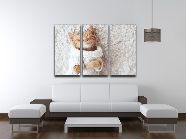 Cute little ginger kitten wearing warm knitted sweater 3 Split Panel Canvas Print - Canvas Art Rocks - 3