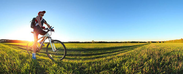 Cycling on a rural road through green meadow Wall Mural Wallpaper