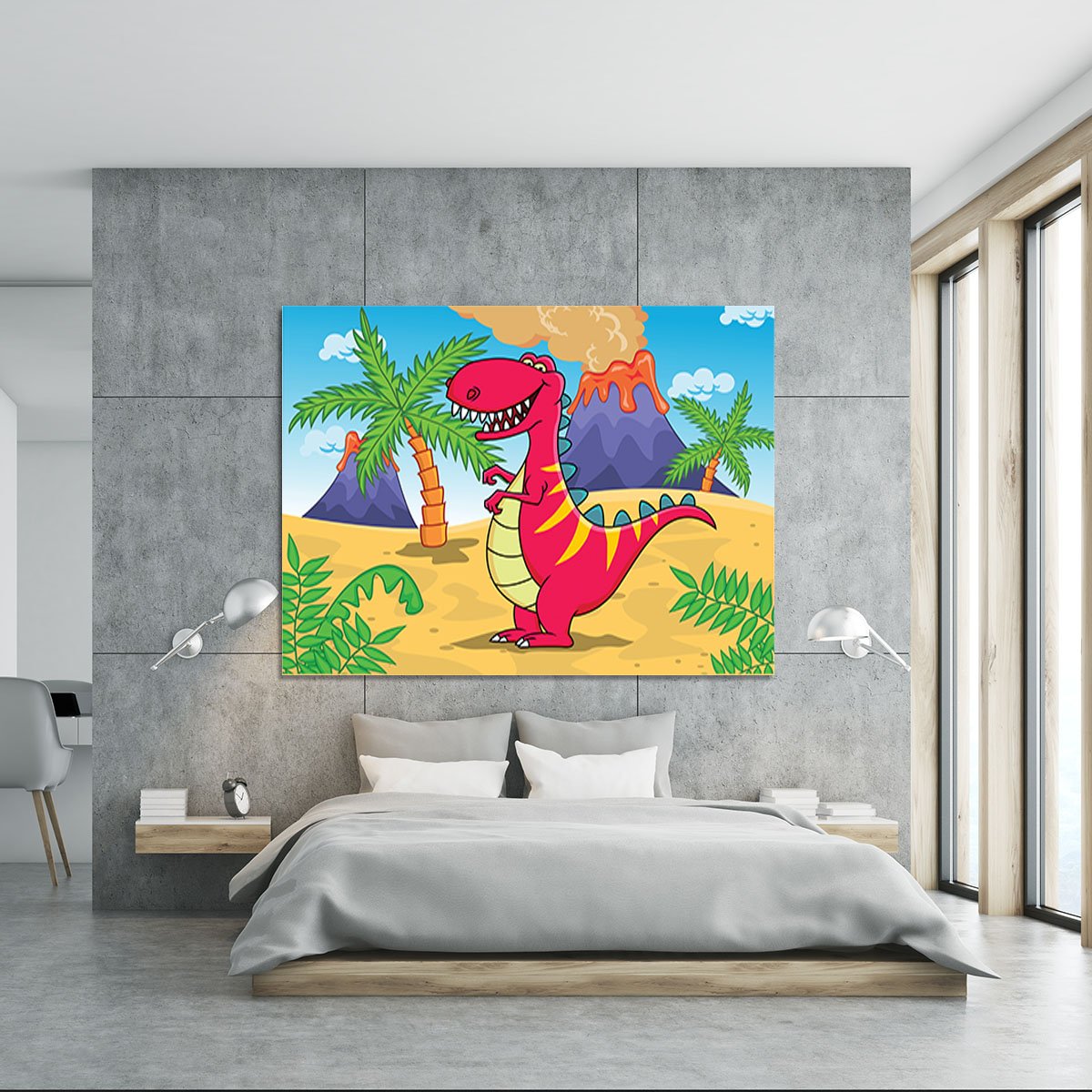 Dinosaur Volcano Cartoon Canvas Print or Poster