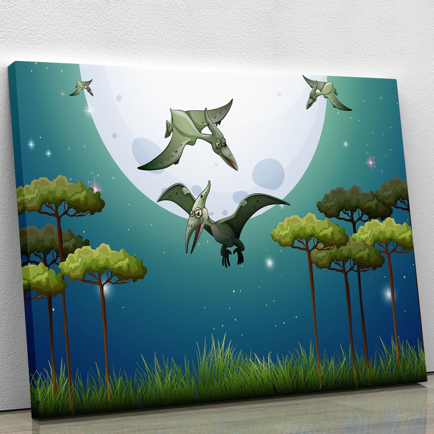 Dinosaurs flying on fullmoon Canvas Print or Poster