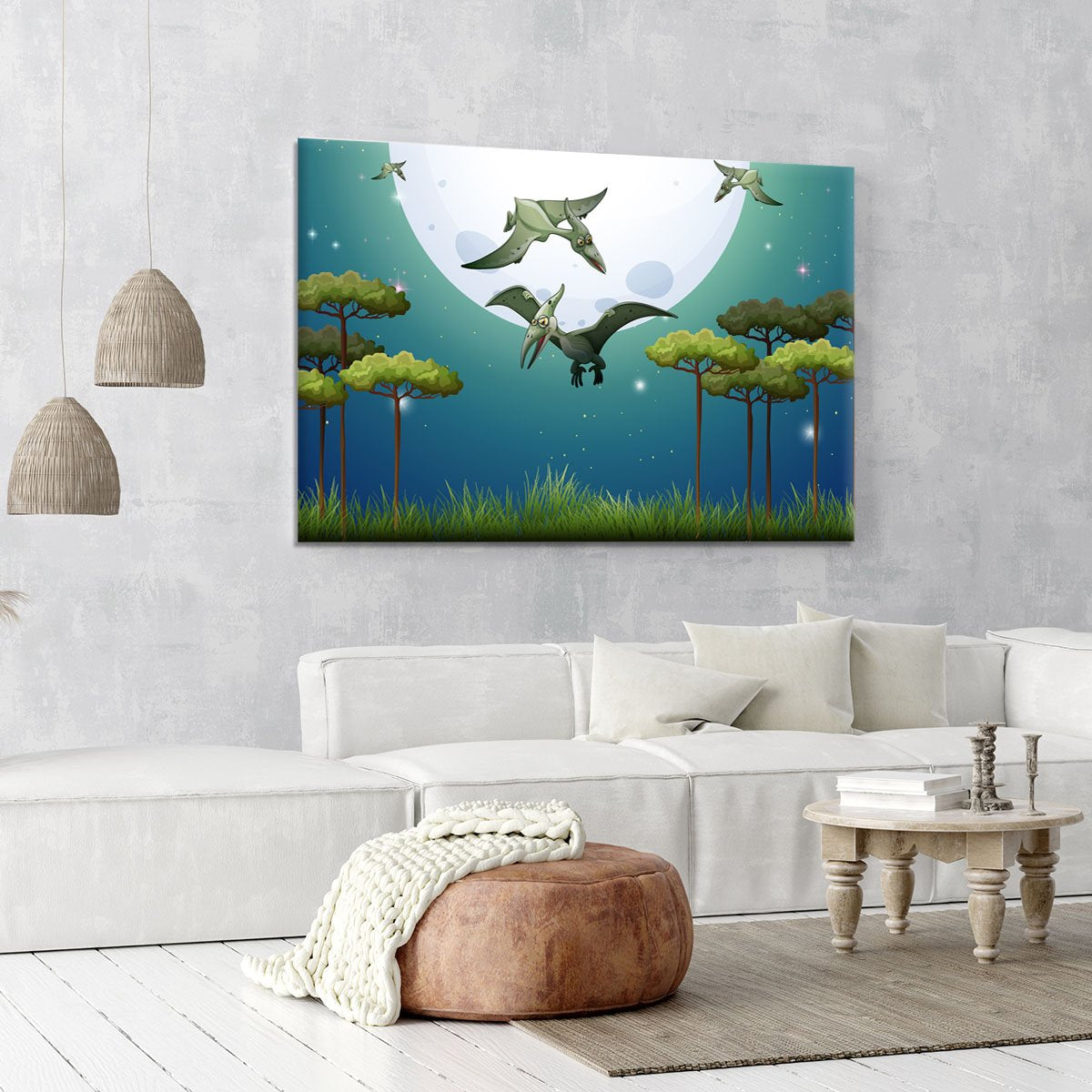 Dinosaurs flying on fullmoon Canvas Print or Poster