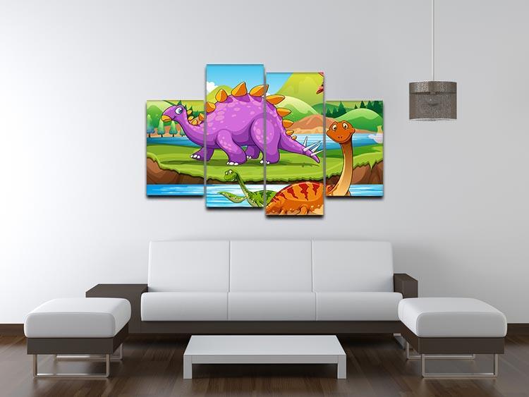 Dinosaurs living by the river 4 Split Panel Canvas - Canvas Art Rocks - 3