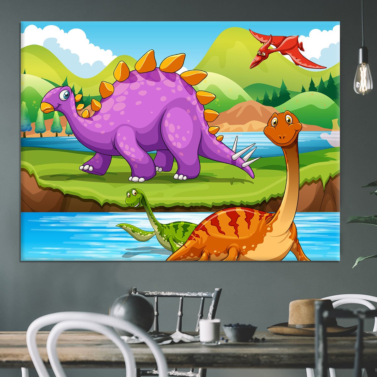 Dinosaurs living by the river Canvas Print or Poster