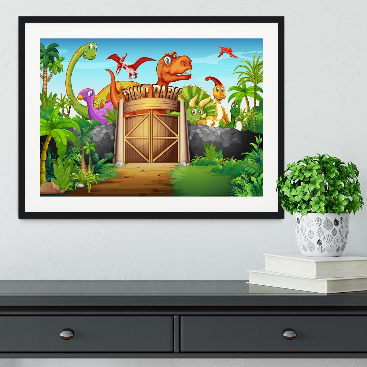 Dinosaurs living in Dino park Framed Print - Canvas Art Rocks - 1