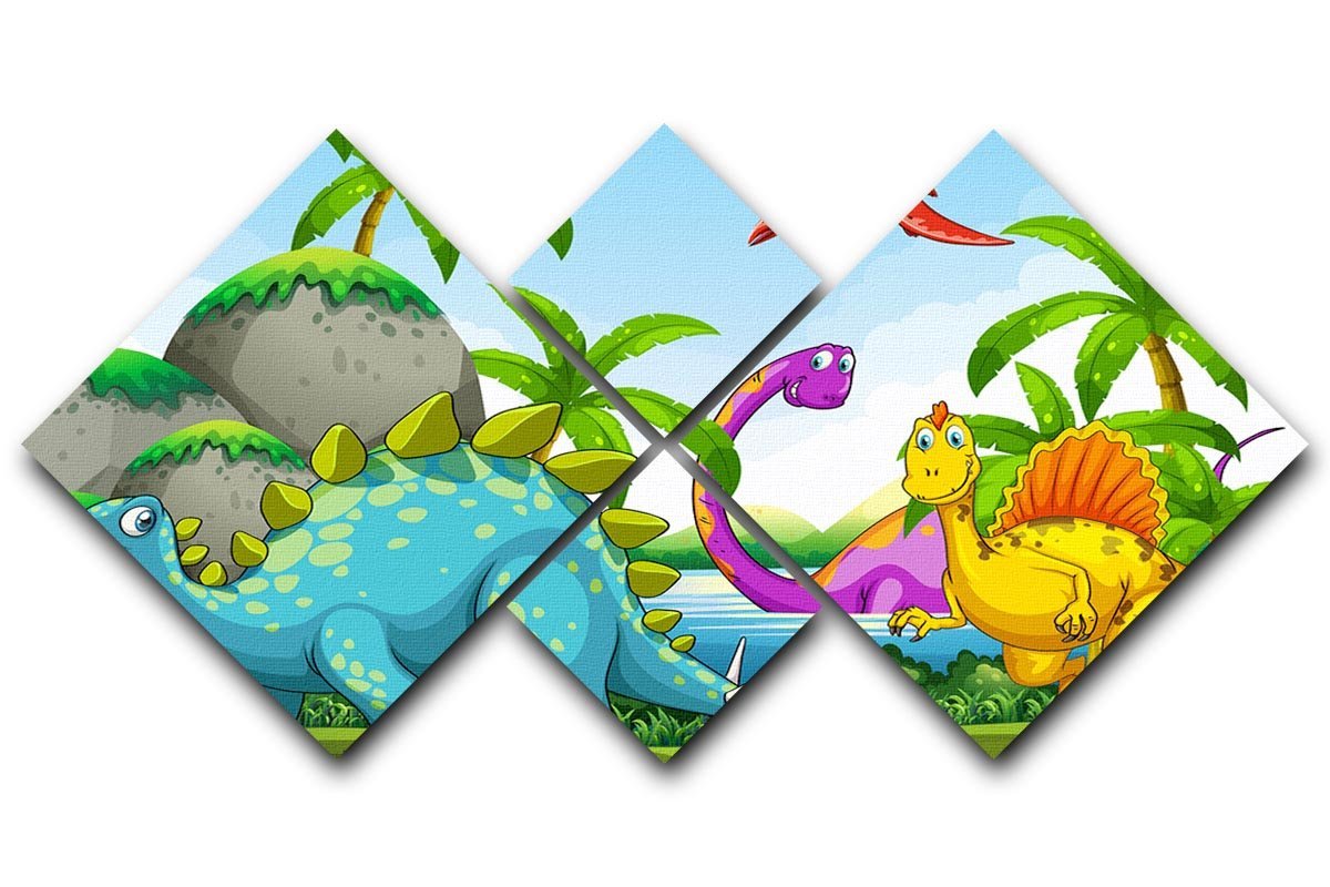 Dinosaurs living in the jungle 4 Square Multi Panel Canvas  - Canvas Art Rocks - 1