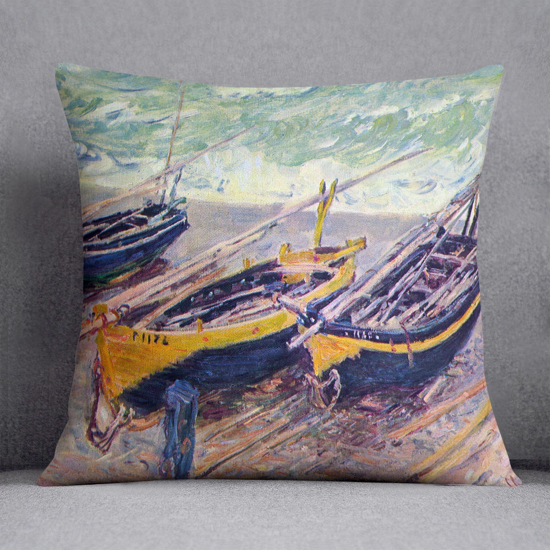 Dock of etretat three fishing boats by Monet Throw Pillow