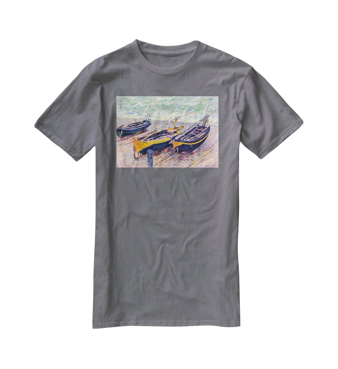 Dock of etretat three fishing boats by Monet T-Shirt - Canvas Art Rocks - 3