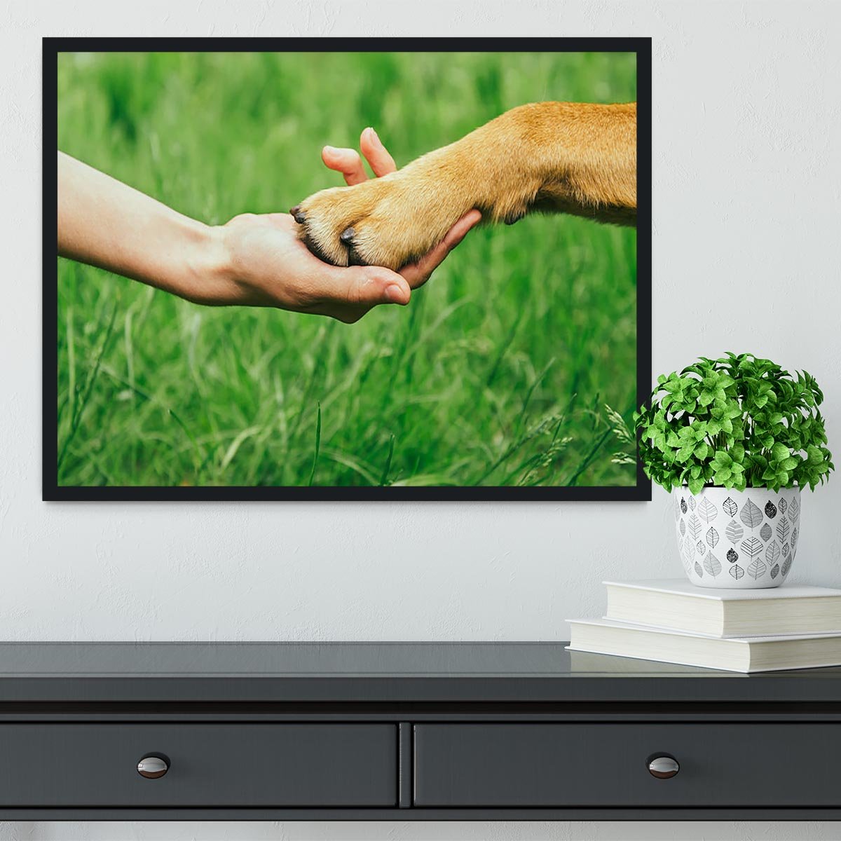 Dog paw and human hand are doing handshake Framed Print - Canvas Art Rocks - 2