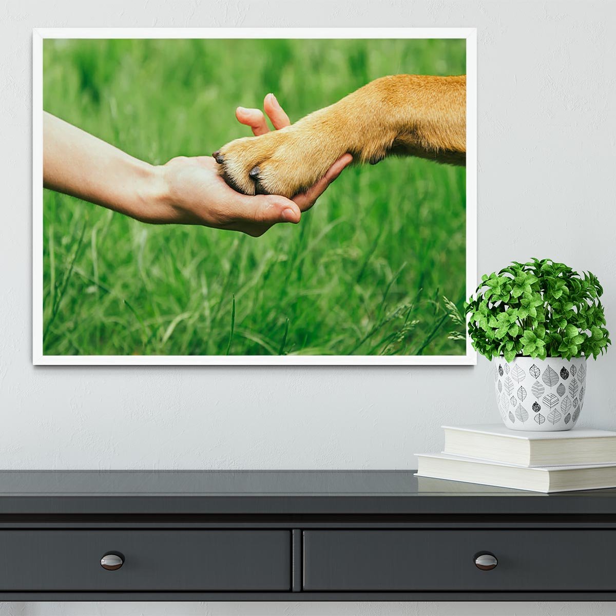 Dog paw and human hand are doing handshake Framed Print - Canvas Art Rocks -6