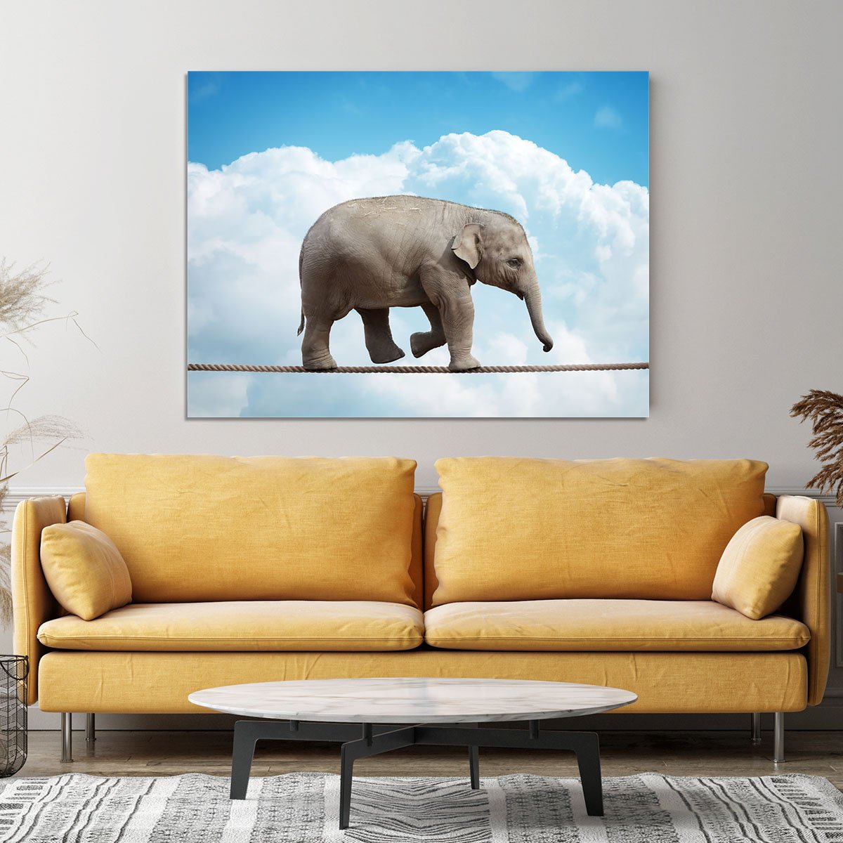 Elehant calf balancing on a tightrope Canvas Print or Poster
