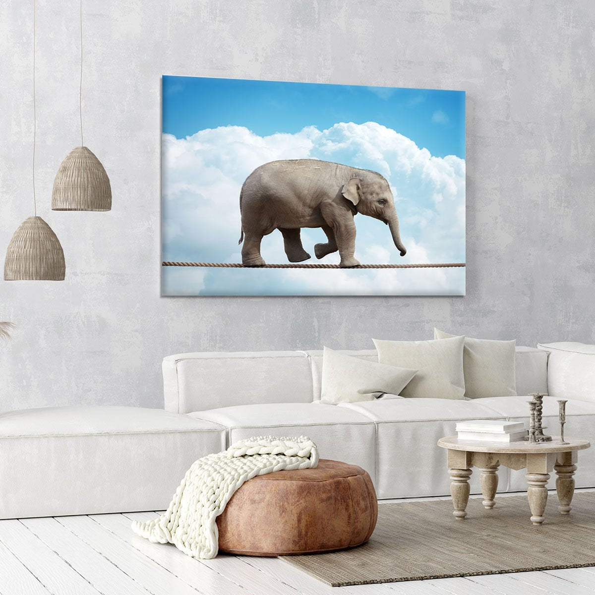 Elehant calf balancing on a tightrope Canvas Print or Poster