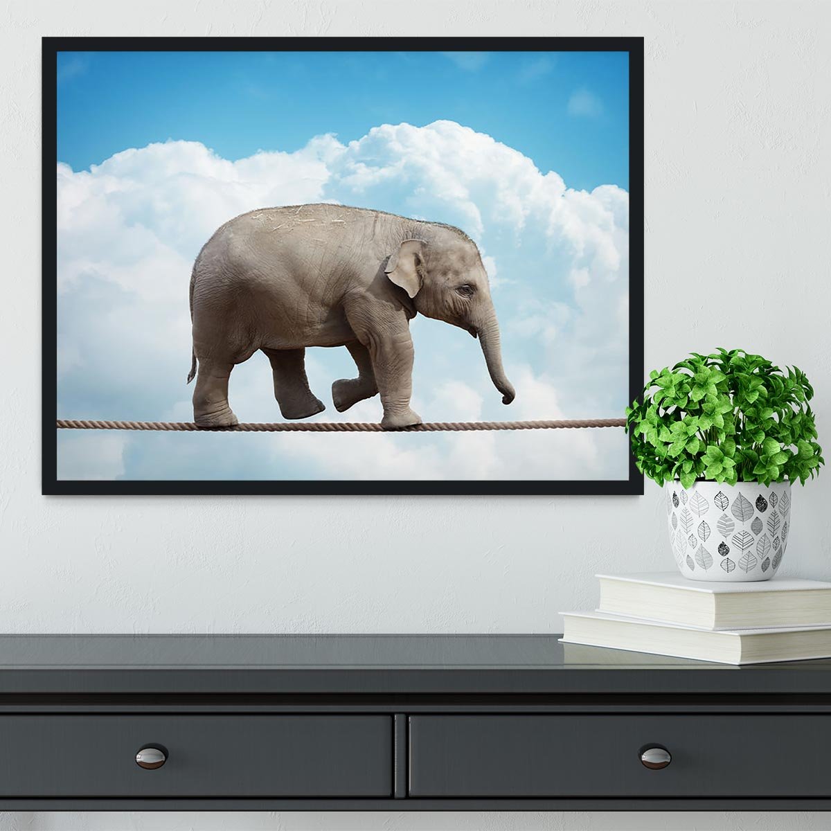 Elehant calf balancing on a tightrope Framed Print - Canvas Art Rocks - 2