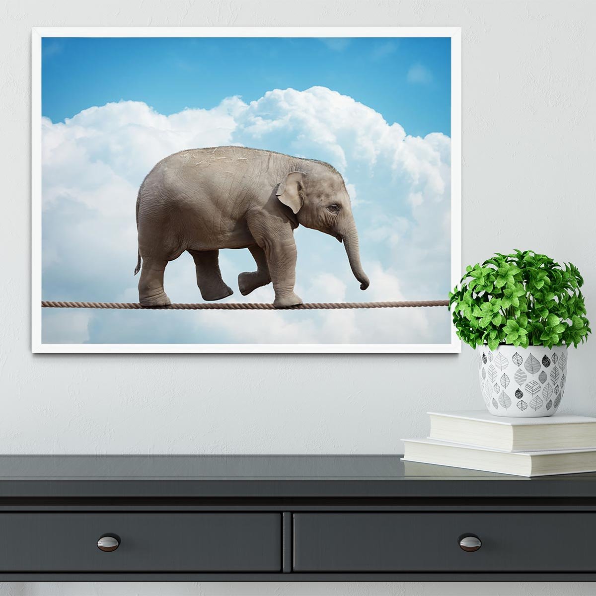 Elehant calf balancing on a tightrope Framed Print - Canvas Art Rocks -6