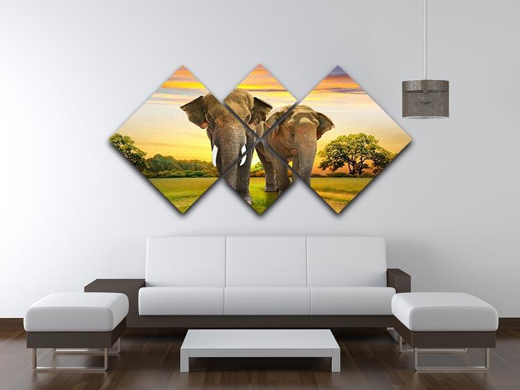 Elephant family on sunset 4 Square Multi Panel Canvas - Canvas Art Rocks - 3