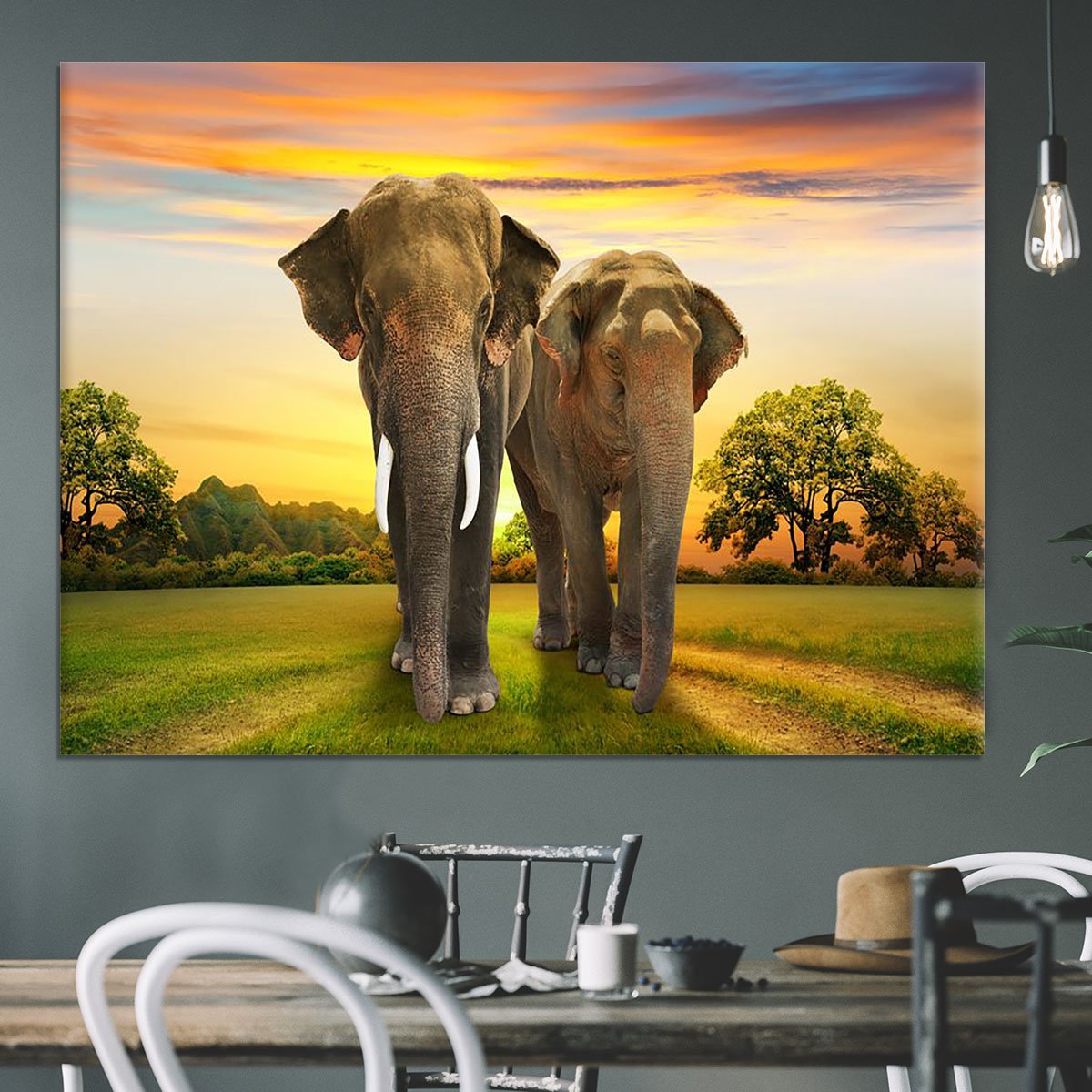 Elephant family on sunset Canvas Print or Poster