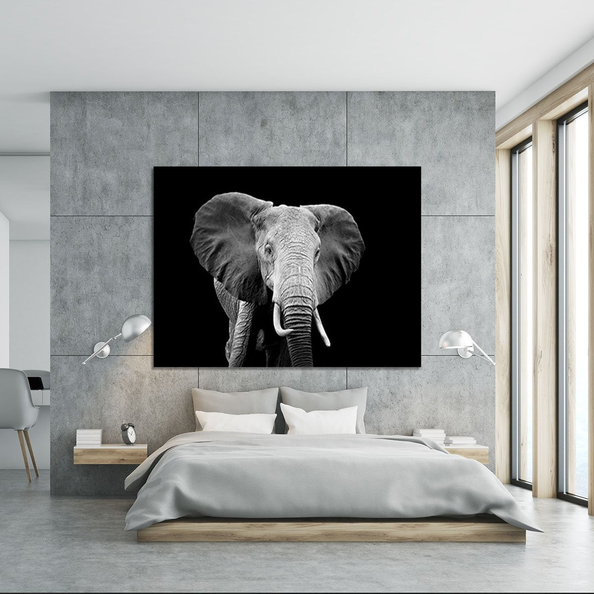 Elephant on dark background. Black and white image Canvas Print or Poster