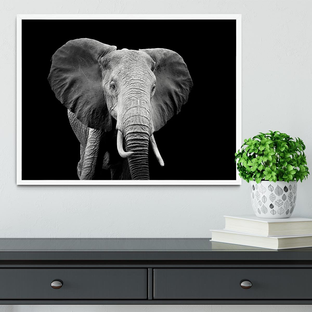 Elephant on dark background. Black and white image Framed Print - Canvas Art Rocks -6