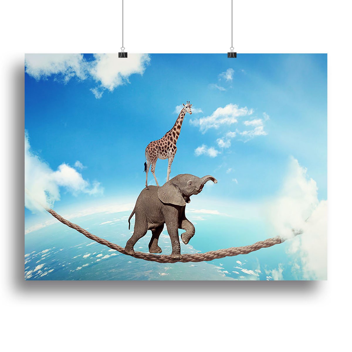 Elephant with giraffe walking on dangerous rope high in sky Canvas Print or Poster