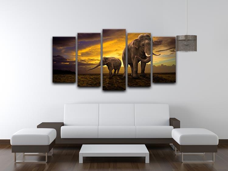 Elephants family on sunset 5 Split Panel Canvas - Canvas Art Rocks - 3