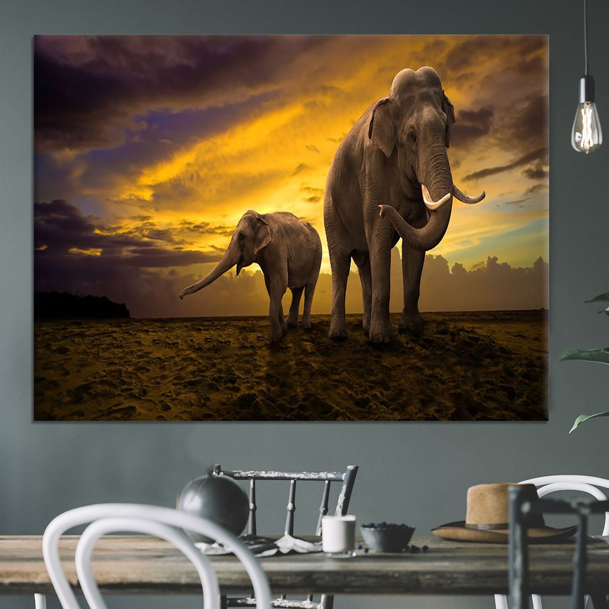 Elephants family on sunset Canvas Print or Poster