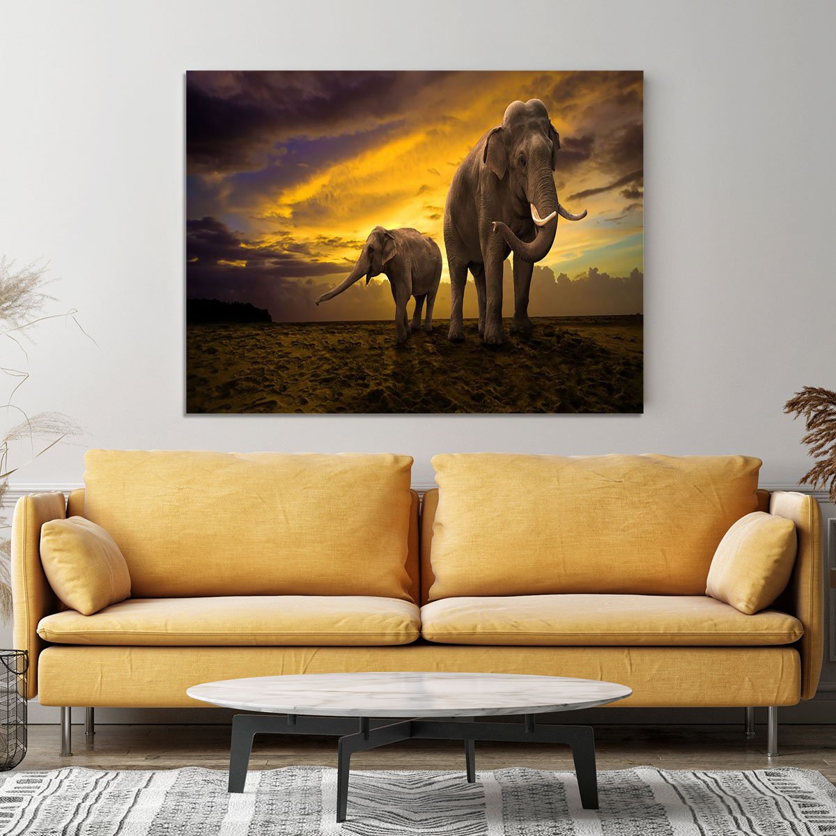 Elephants family on sunset Canvas Print or Poster