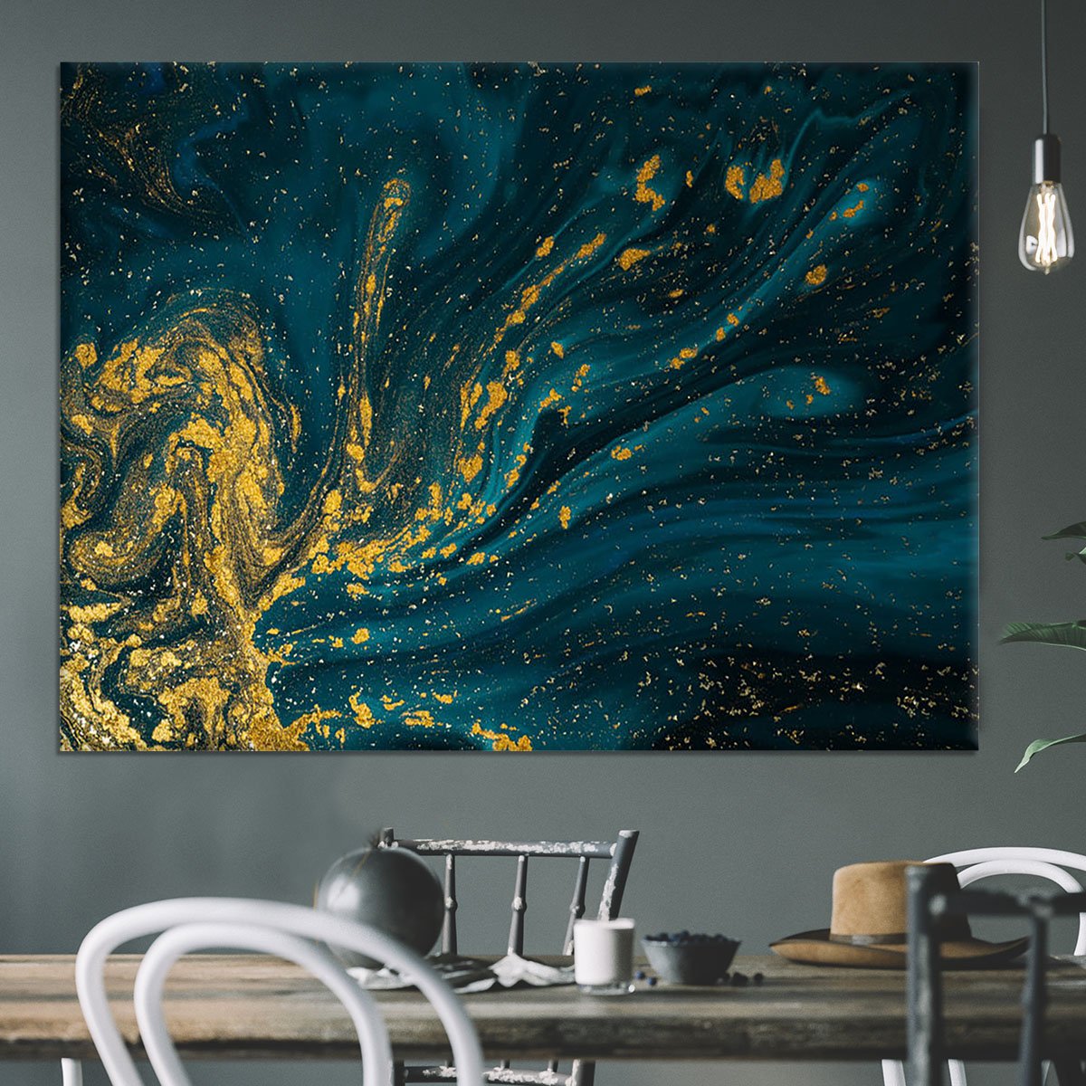 Emerald and Gold Swirled Marble Canvas Print or Poster