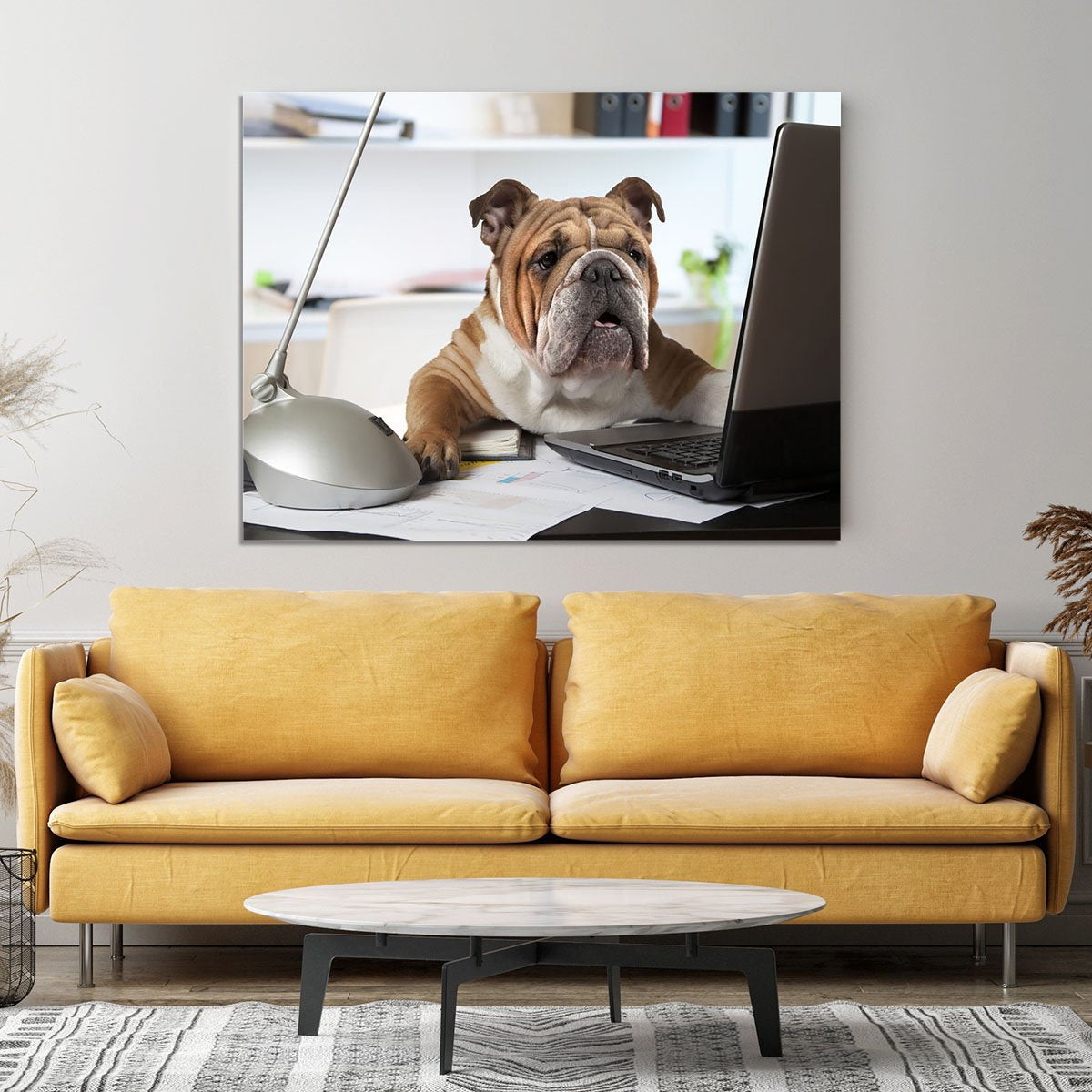 English Bulldog sitting at a desk Canvas Print or Poster