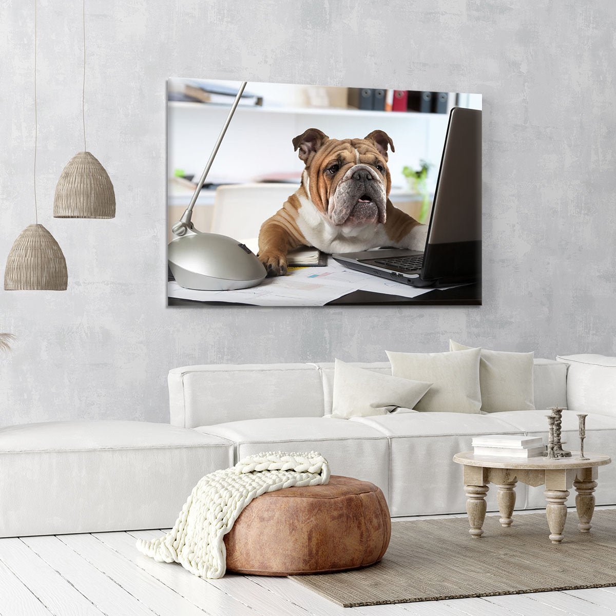 English Bulldog sitting at a desk Canvas Print or Poster