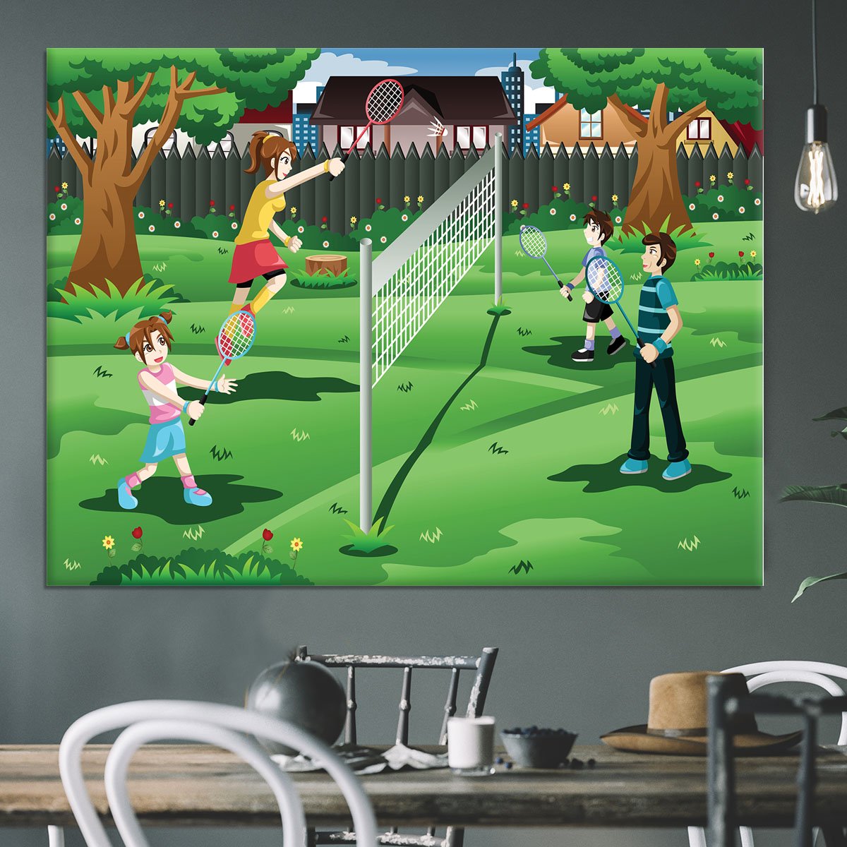 Family playing badminton in the backyard Canvas Print or Poster