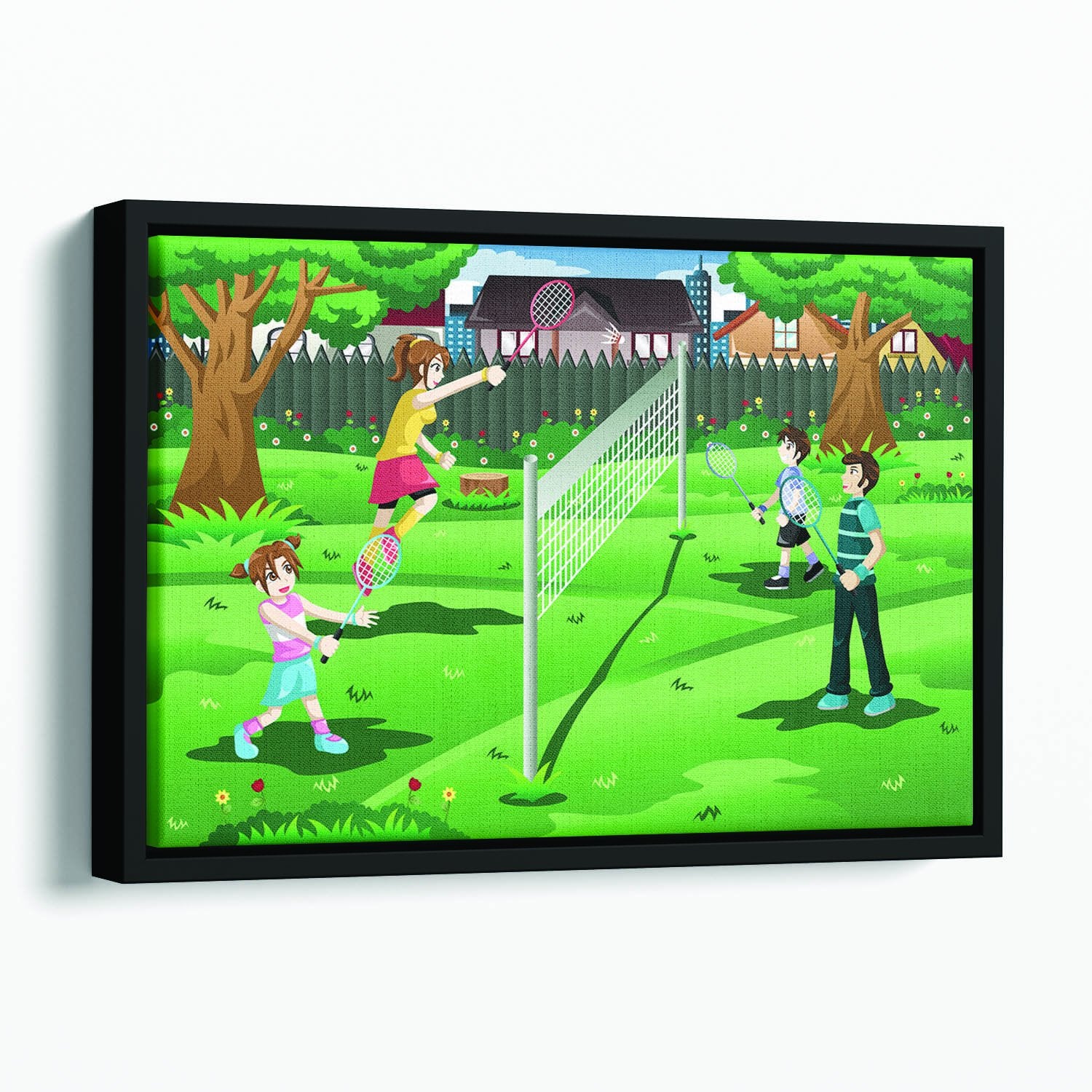 Family playing badminton in the backyard Floating Framed Canvas