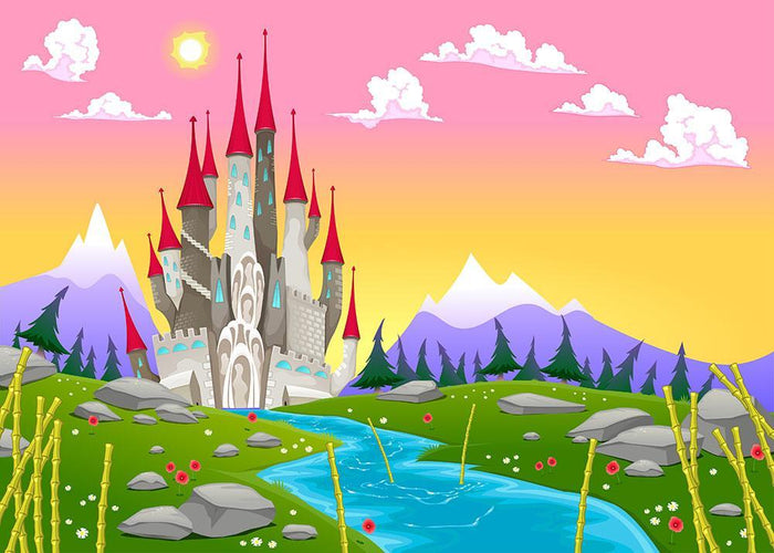 Fantasy mountain landscape with medieval castle Wall Mural Wallpaper