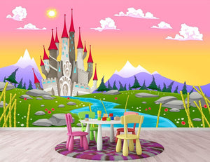 Fantasy mountain landscape with medieval castle Wall Mural Wallpaper - Canvas Art Rocks - 2