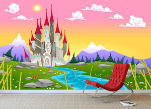 Fantasy mountain landscape with medieval castle Wall Mural Wallpaper - Canvas Art Rocks - 3