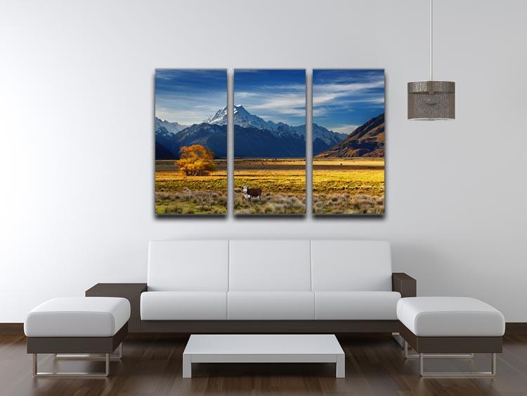 Farmland with grazing cows and Mount Cook 3 Split Panel Canvas Print - Canvas Art Rocks - 3