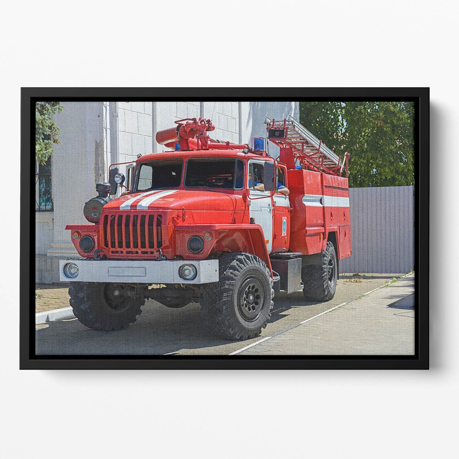 Fire Truck In The City Floating Framed Canvas