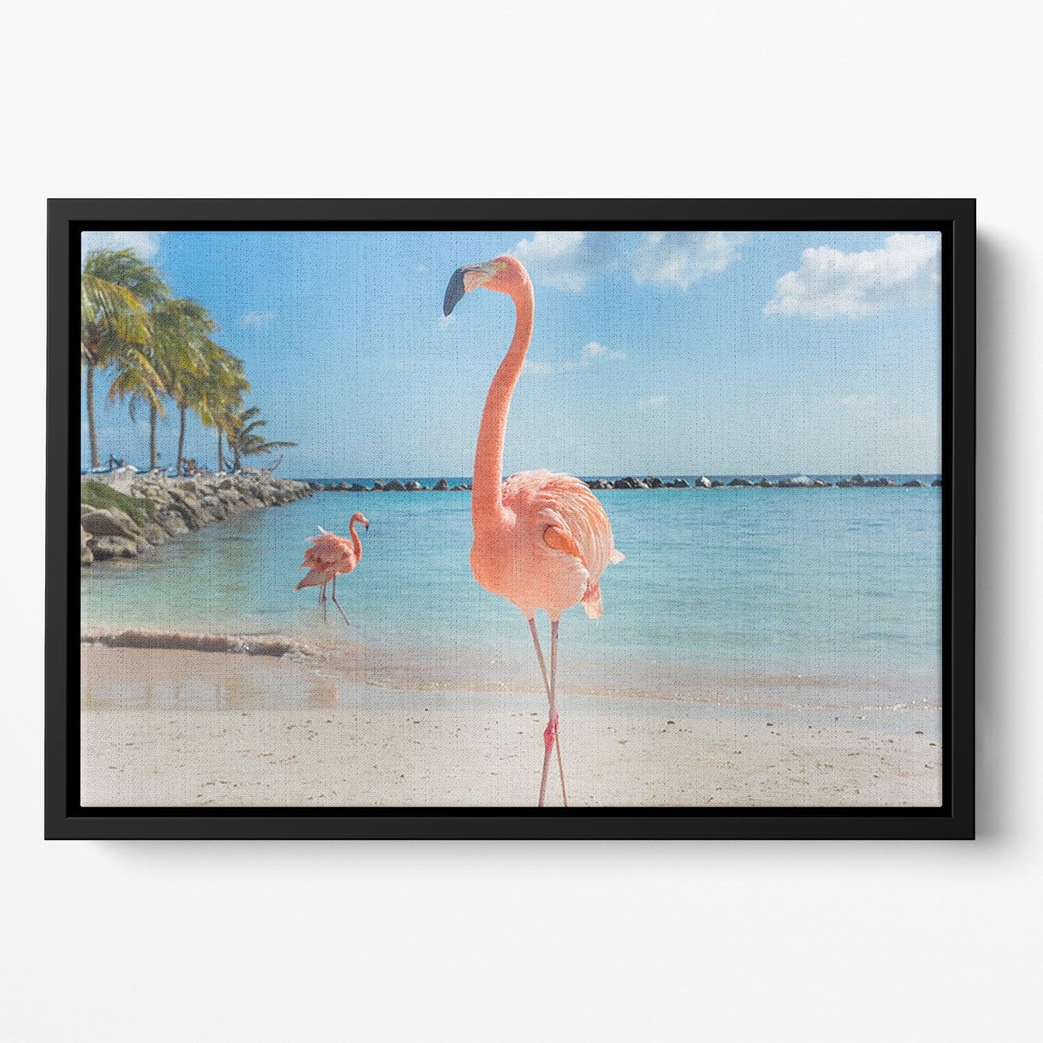 Flamingos on the Aruba beach Floating Framed Canvas - Canvas Art Rocks - 2