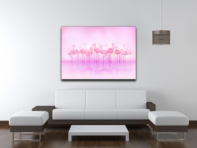 Flock of caribbean flamingos over a lake Canvas Print or Poster - Canvas Art Rocks - 4